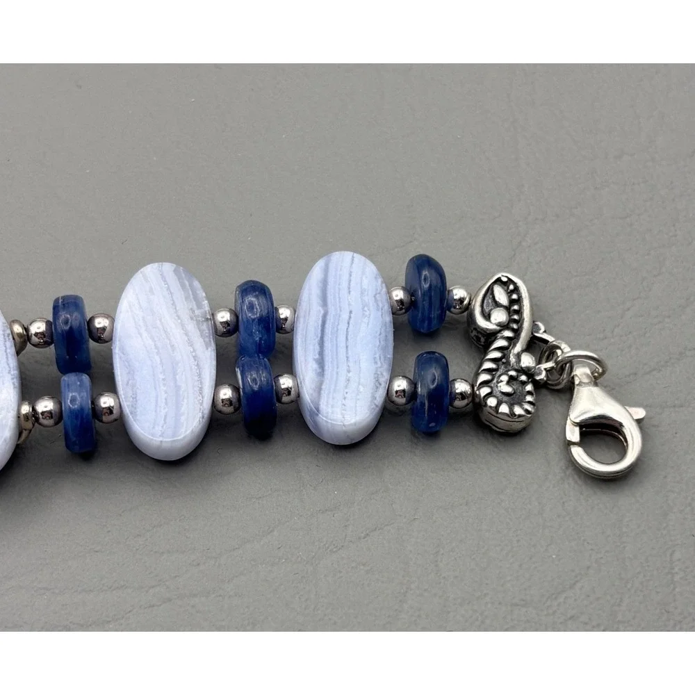 Vintage Carolyn Pollack Half Moon Bay Link Bracelet 925 Blue Lace Agate Kyanite